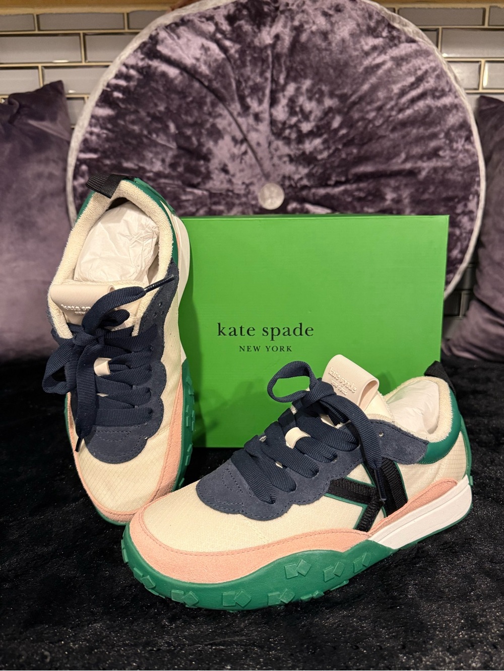 Kate Spade “K as in Kate” Sneakers-Cream, Pink, Green & Navy Colorblock Size 8 - Picture 6 of 8